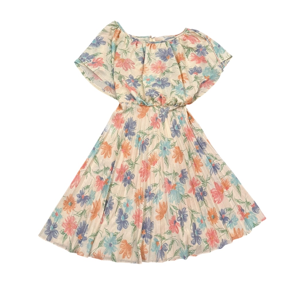 Vintage 70s handmade Floral Pleated Midi Dress in Cream with Pastel Blooms - Picture 8 of 13